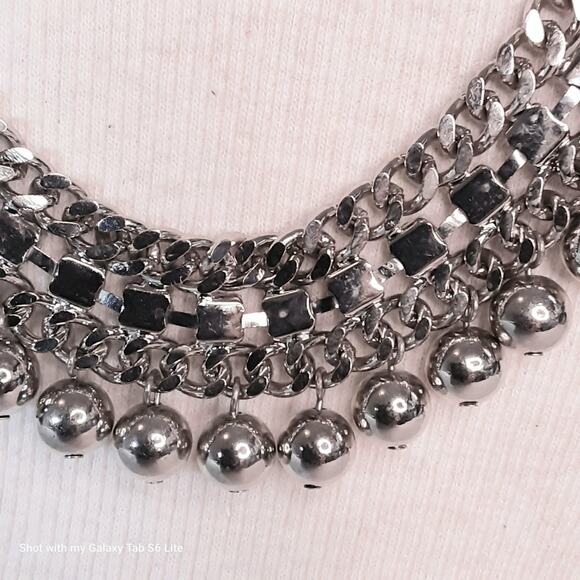 Silver Tone Bib Necklace Tribal Curb Chains Rhinestones And Beads - Picture 4 of 13